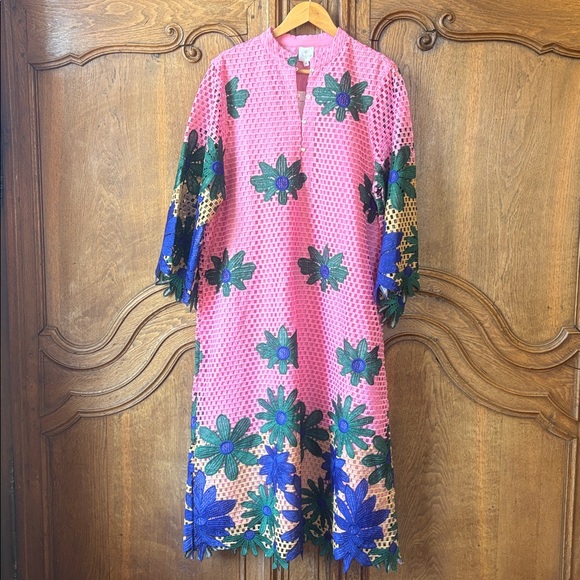 J. Marie Emery Lace Midi Kaftan Dress Pink Navy Green Embroidered Floral NWT - Picture 4 of 16